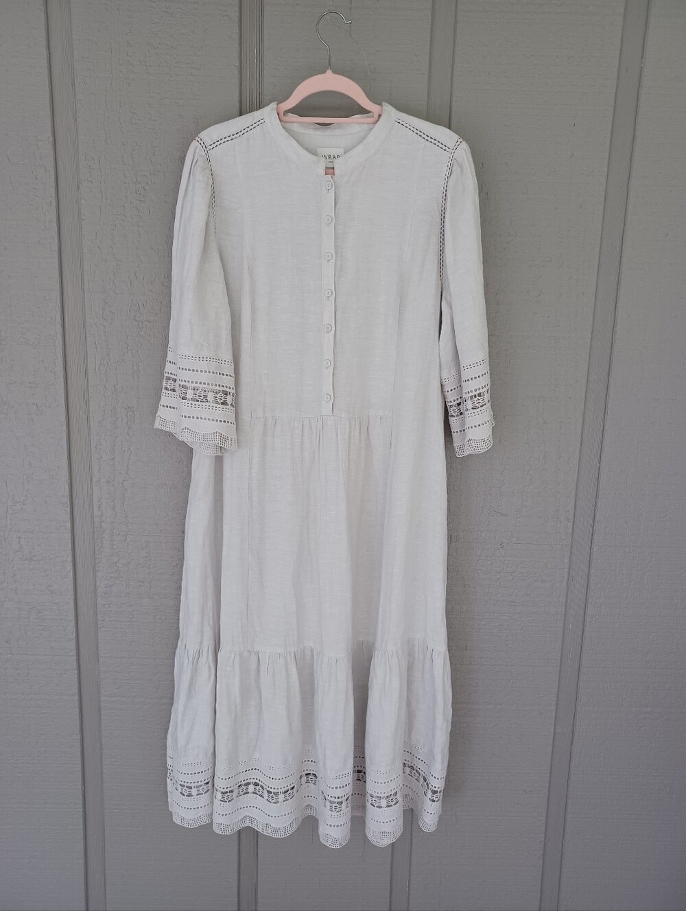 Wrap London Linen Midi Dress Size 14 Pockets Tiered 3/4 Sleeve Button Boho